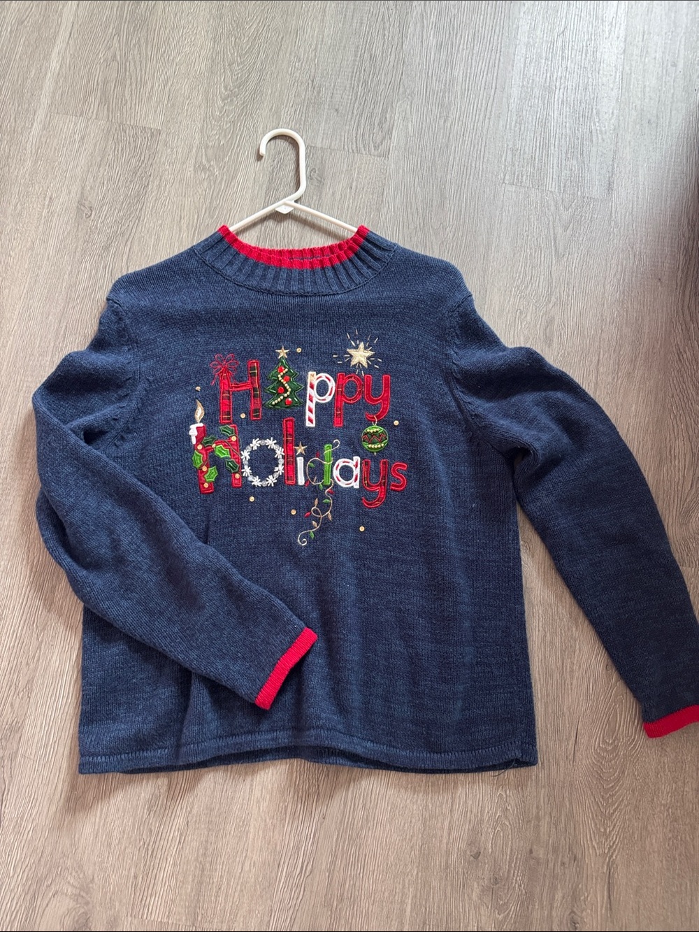 Festive Navy 'Happy Holidays' Knit Sweater with Red Trim